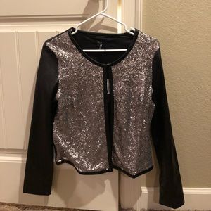 Black and silver sequin faux leather jacket
